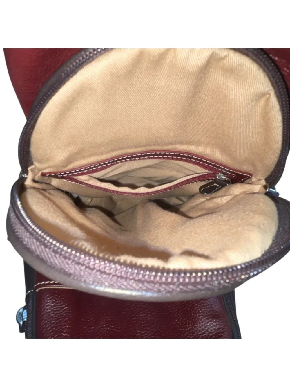 Women’s Burgundy Leather Multiple Compartments Sling Adjustable Straps Backpack